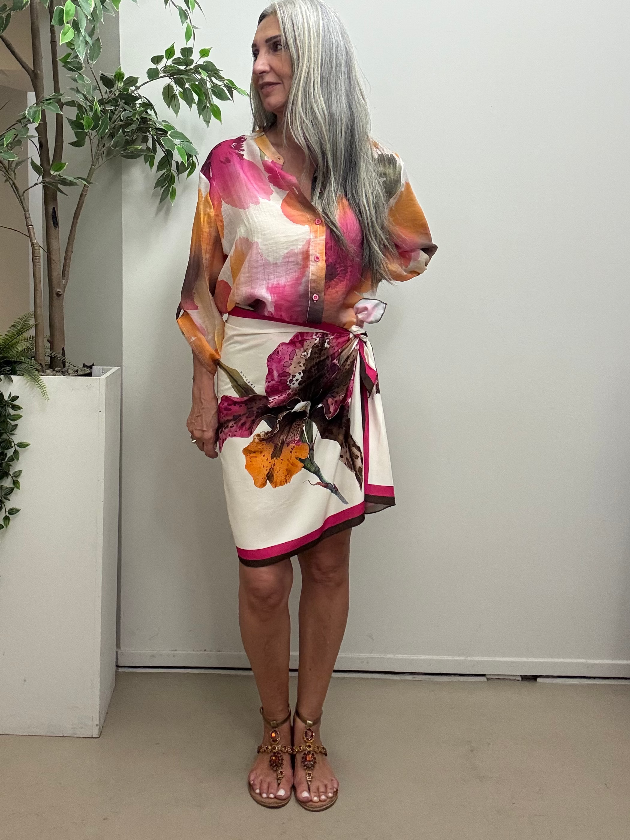 Gonna corta foulard stampa orchidea Haveone Q281